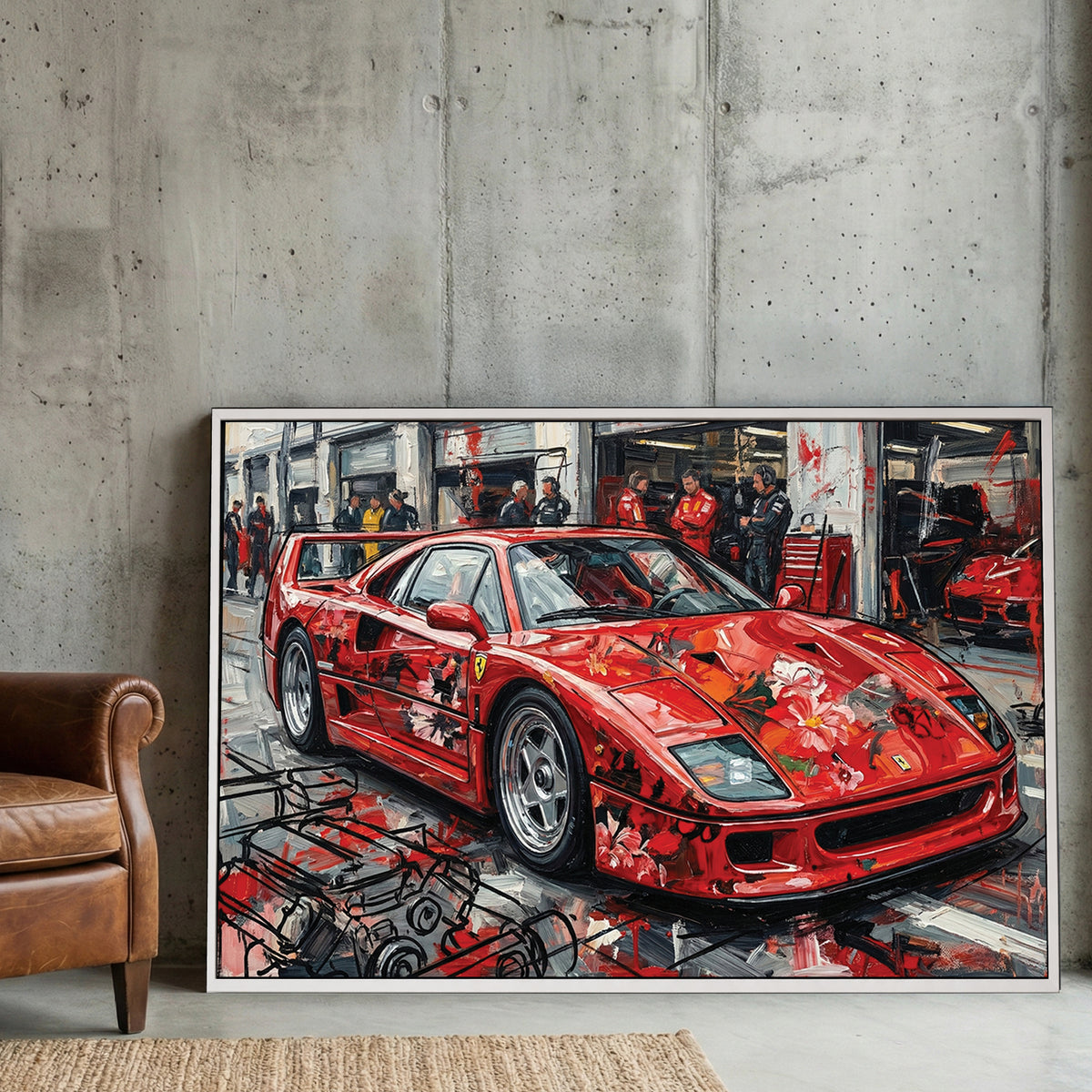 Red Ferrari F40 Supercar canvas wall art print displayed in a styled living room