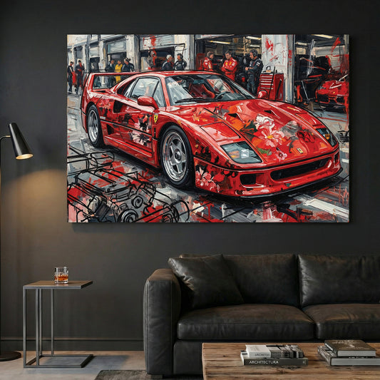 Red Ferrari F40 Supercar canvas wall art print displayed in a styled living room