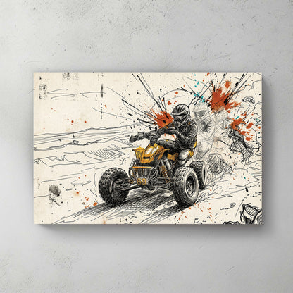 Yellow quad bike, helmeted rider, dust kicking up, orange and teal paint splatters, sketch background — canvas wall art print