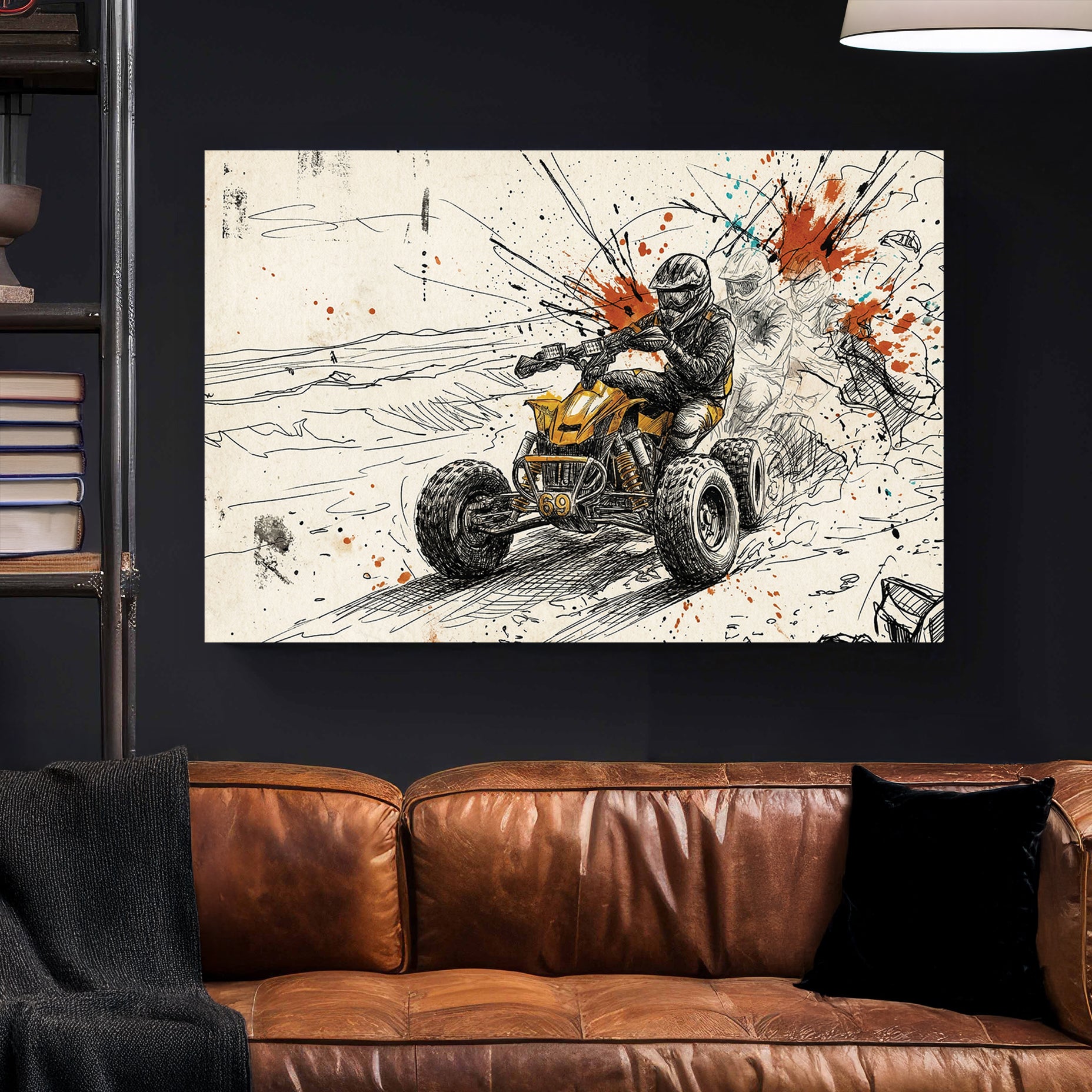ATV Quad Bike Action Sketch canvas wall art print styled in a modern interior