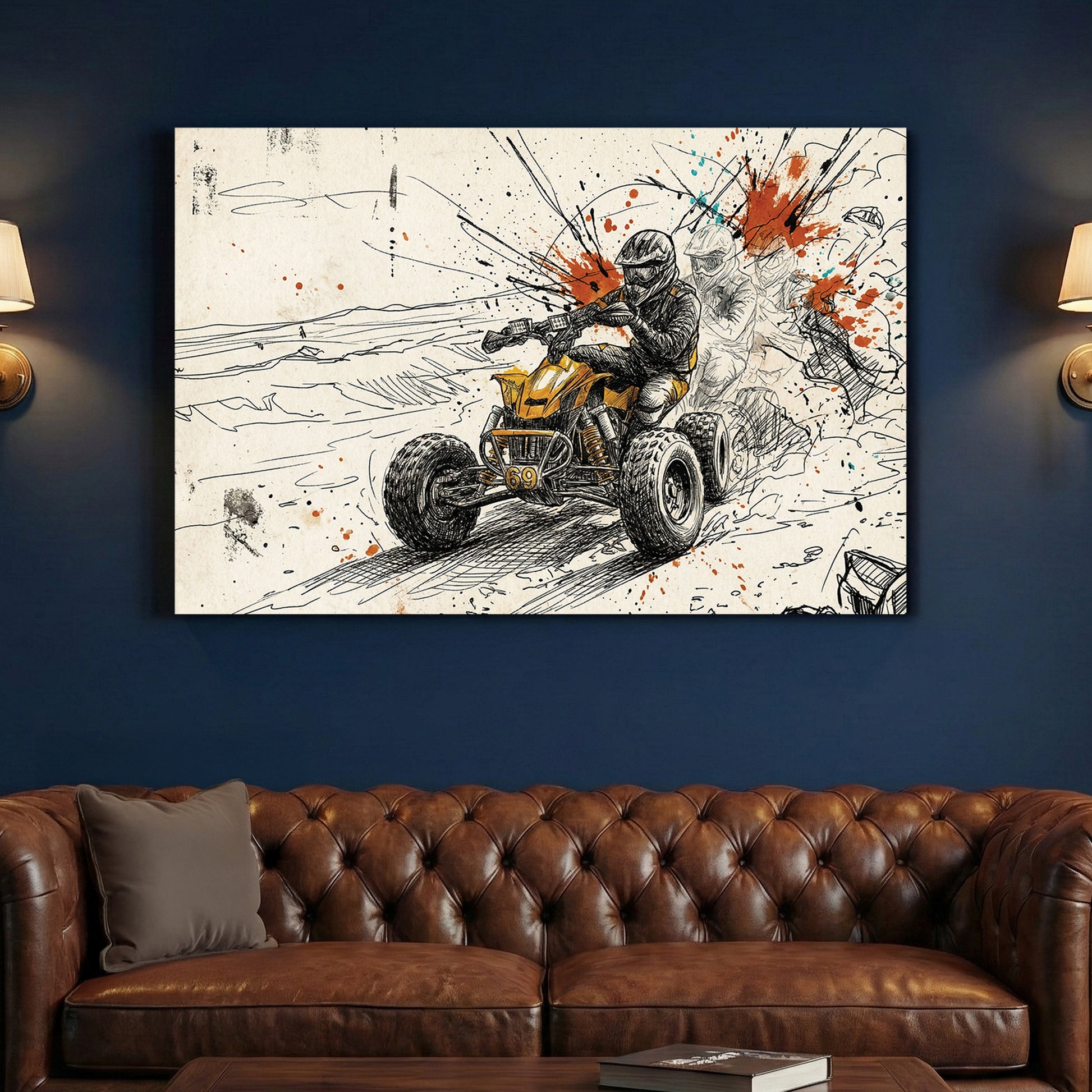 ATV Quad Bike Action Sketch canvas wall art print above a sofa in a contemporary living room