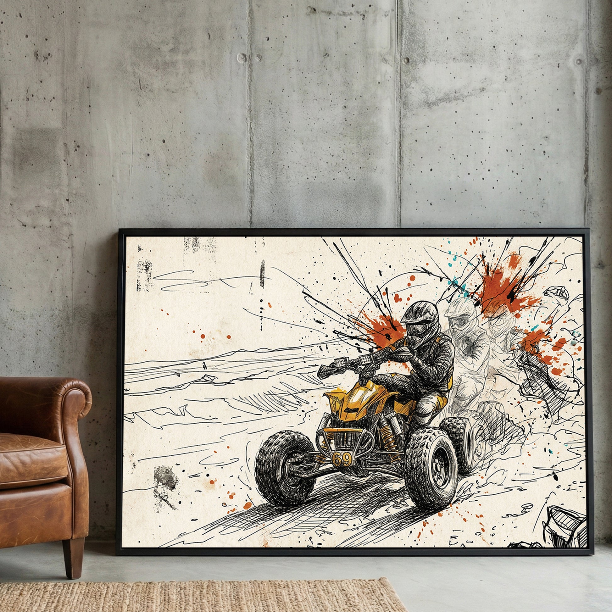 ATV Quad Bike Action Sketch framed canvas wall art print in a gallery-style display