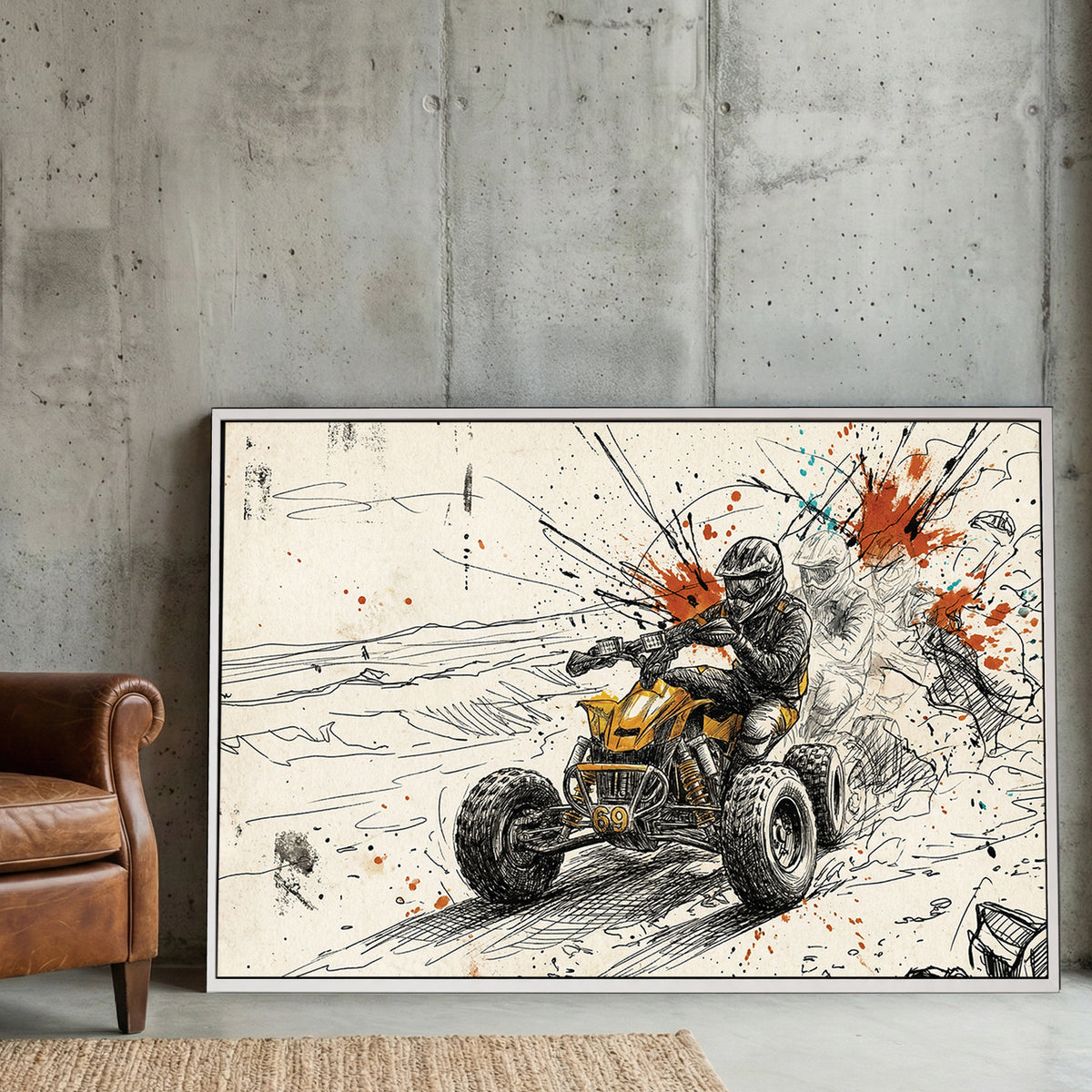 ATV Quad Bike Action Sketch canvas wall art print displayed in a styled living room