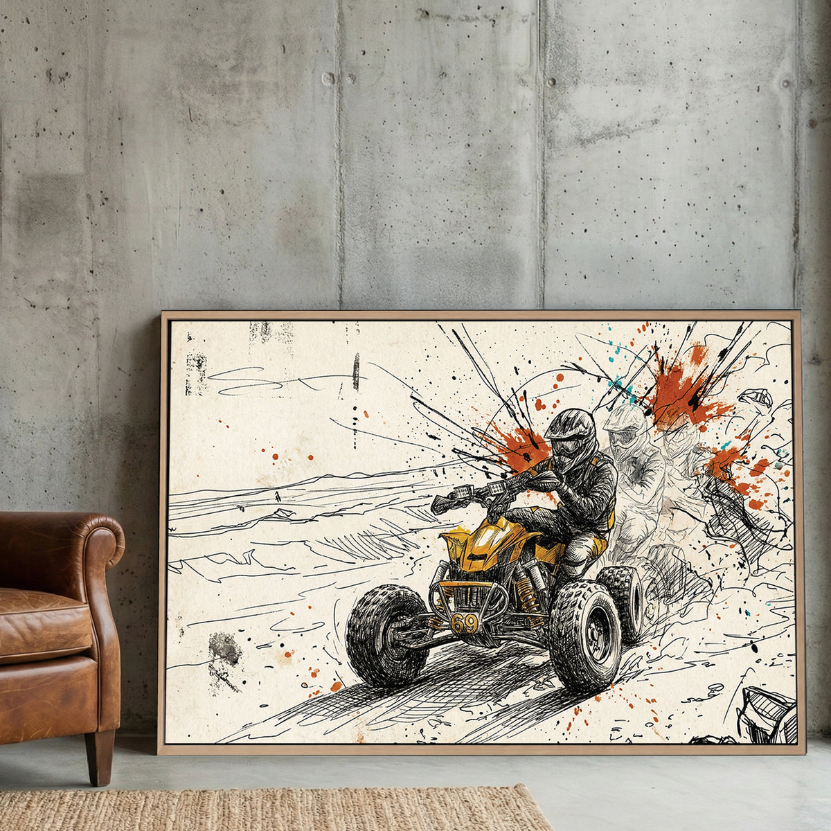 ATV Quad Bike Action Sketch canvas wall art print displayed in a styled living room