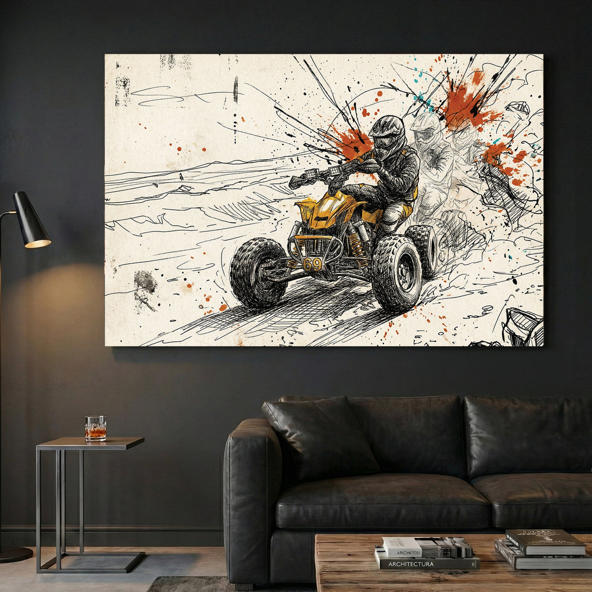 ATV Quad Bike Action Sketch canvas wall art print displayed in a styled living room