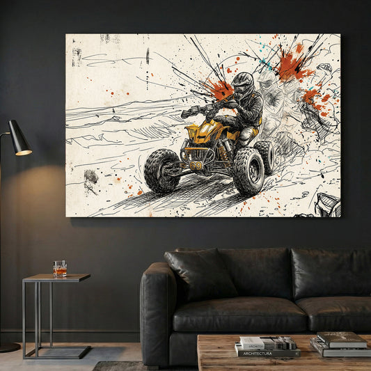 ATV Quad Bike Action Sketch canvas wall art print displayed in a styled living room