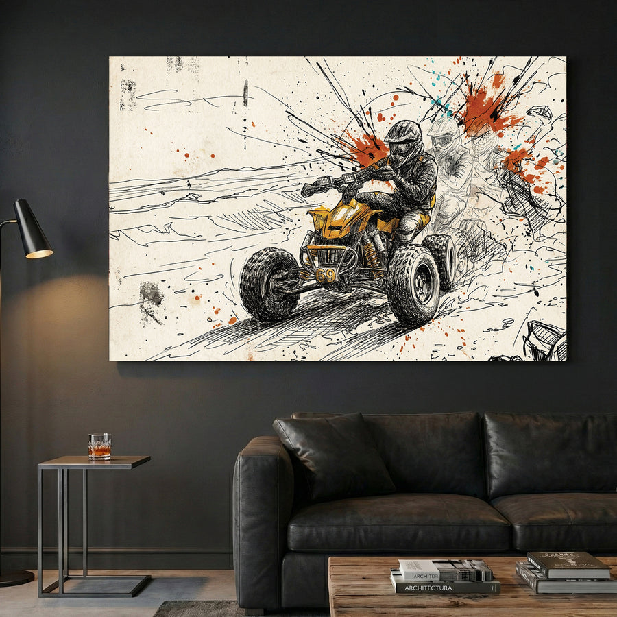 ATV Quad Bike Action Sketch canvas wall art print displayed in a styled living room