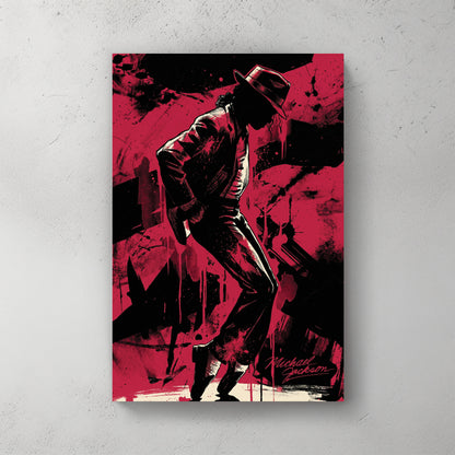 Michael Jackson silhouette, fedora hat, lean pose, red and black, graffiti style — canvas wall art print