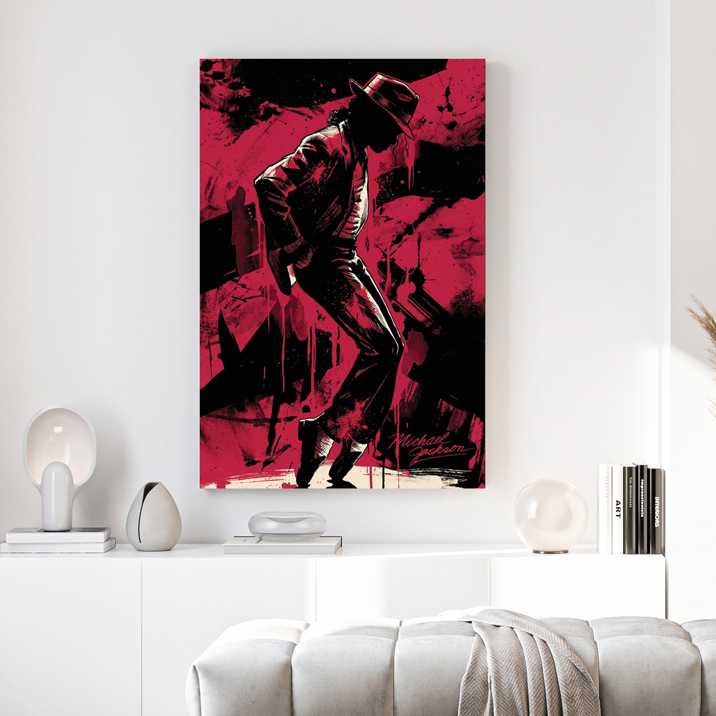 Michael Jackson Silhouette canvas wall art print above a sofa in a contemporary living room