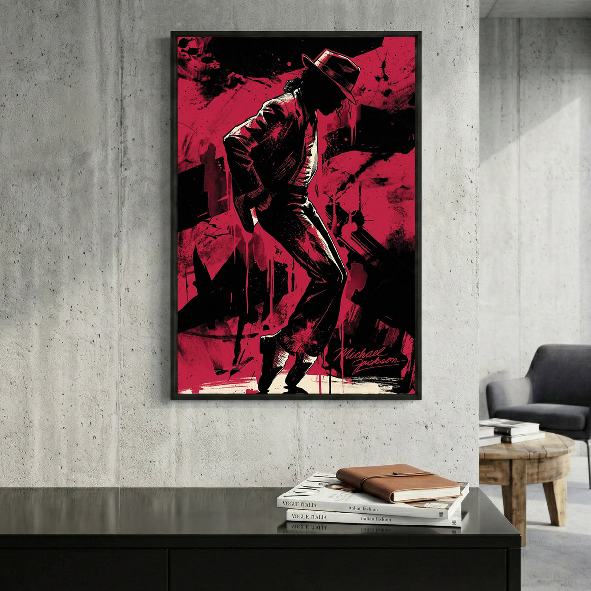Michael Jackson Silhouette framed canvas wall art print in a gallery-style display