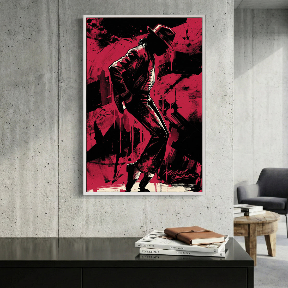 Michael Jackson Silhouette canvas wall art print displayed in a styled living room