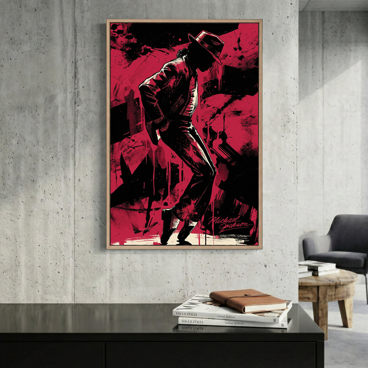 Michael Jackson Silhouette canvas wall art print displayed in a styled living room