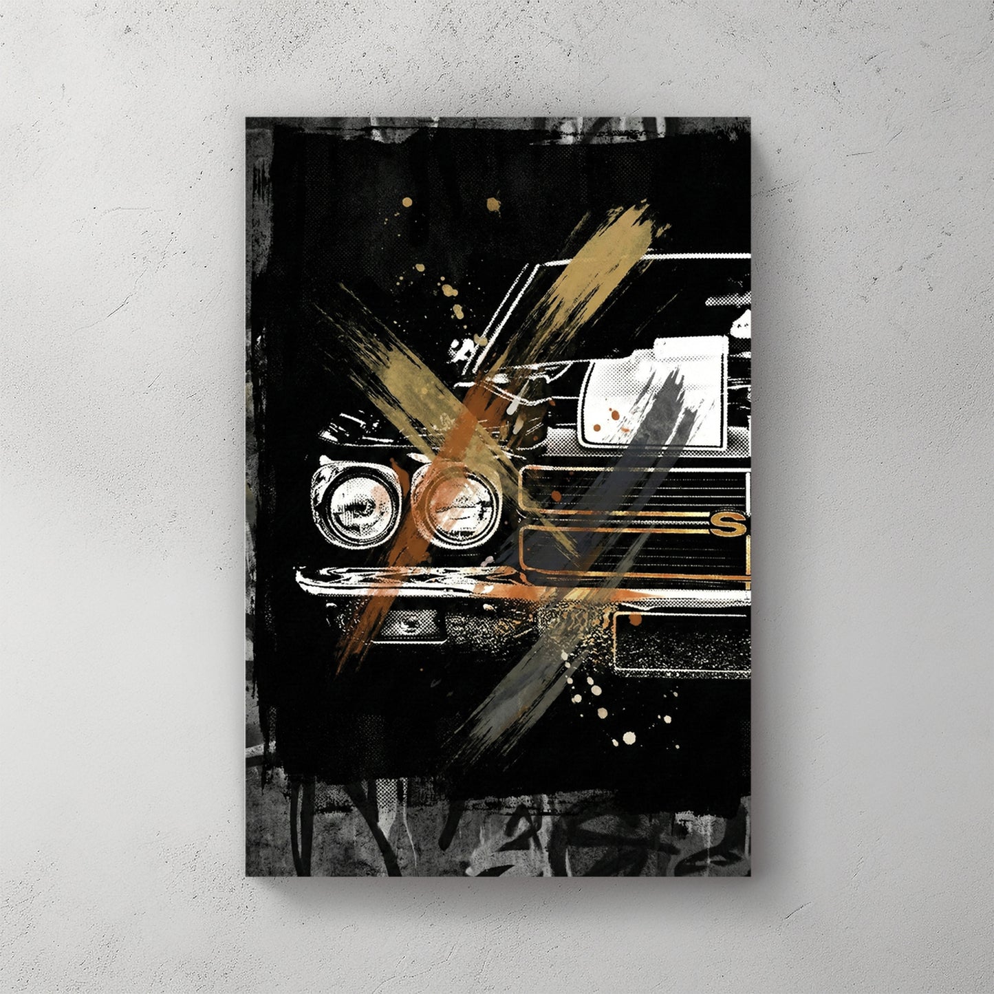 Chevrolet Chevelle SS front end, black and white with gold and orange paint splash accents, abstract grunge — canvas wall art print