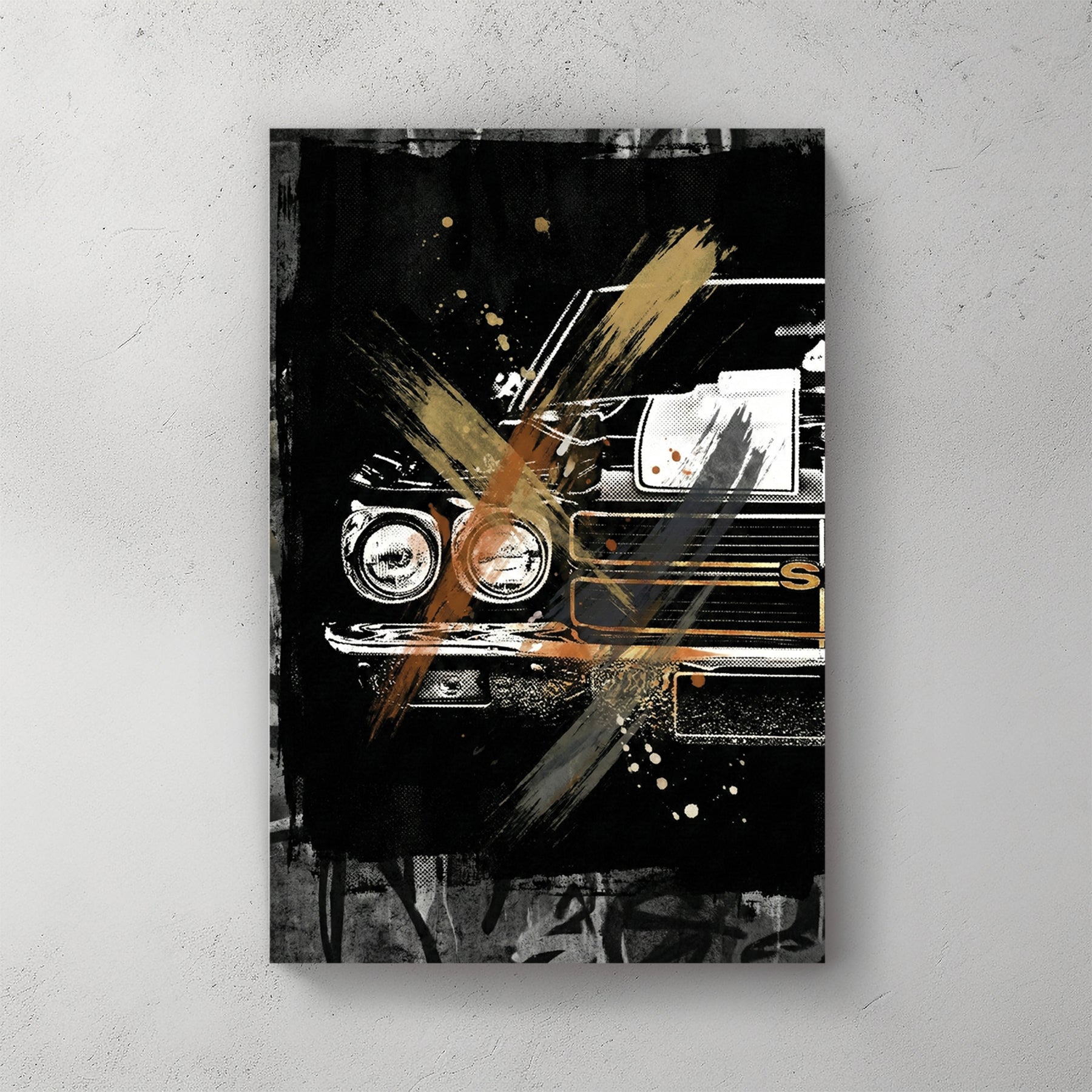Chevrolet Chevelle SS front end, black and white with gold and orange paint splash accents, abstract grunge — canvas wall art print