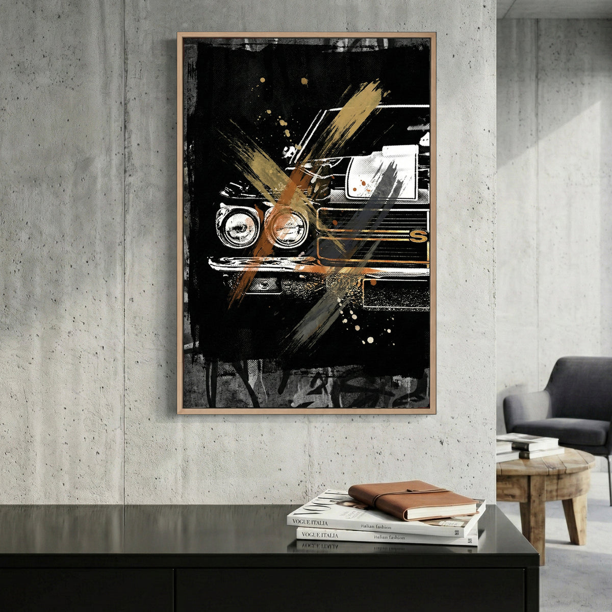 Chevrolet Chevelle SS Muscle Car canvas wall art print displayed in a styled living room
