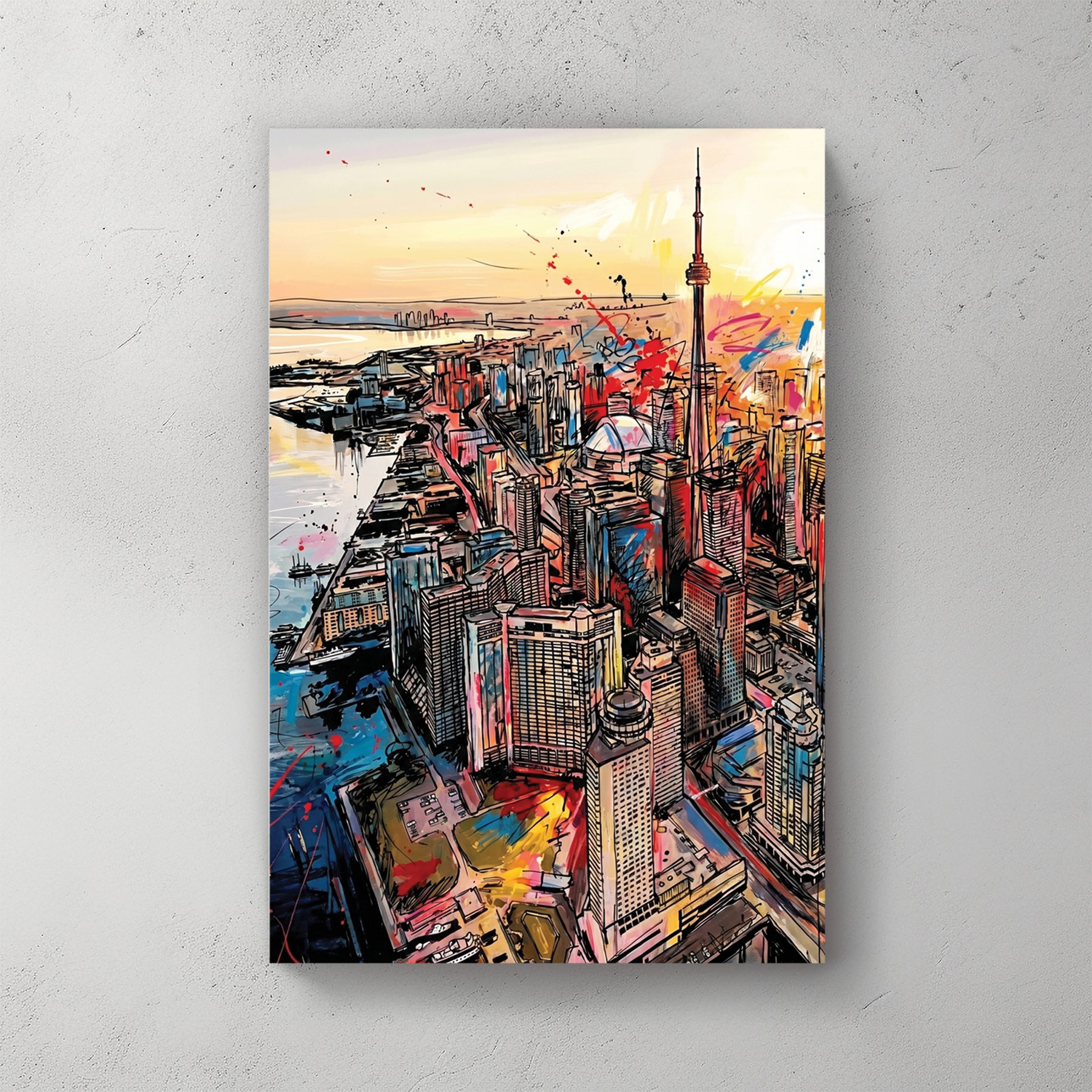Toronto skyline aerial with CN Tower, harbour and islands in foreground, sunset sky, ink and bright splatter — canvas wall art print