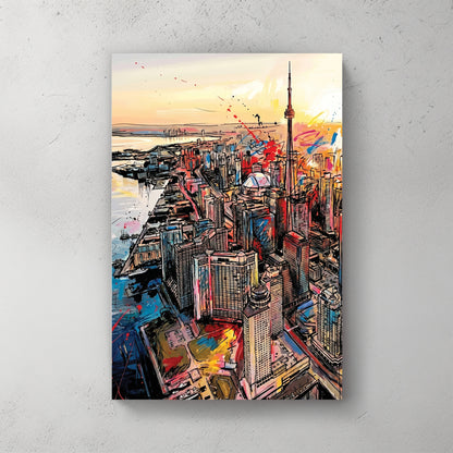 Toronto skyline aerial with CN Tower, harbour and islands in foreground, sunset sky, ink and bright splatter — canvas wall art print