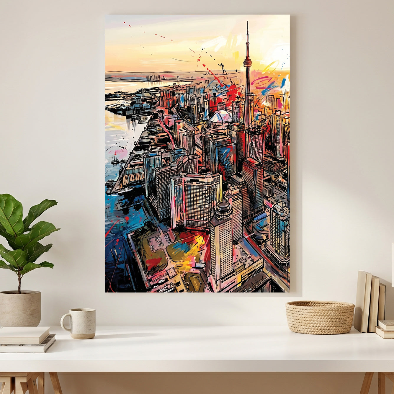 Toronto Skyline CN Tower Pop Art canvas wall art print styled in a modern interior