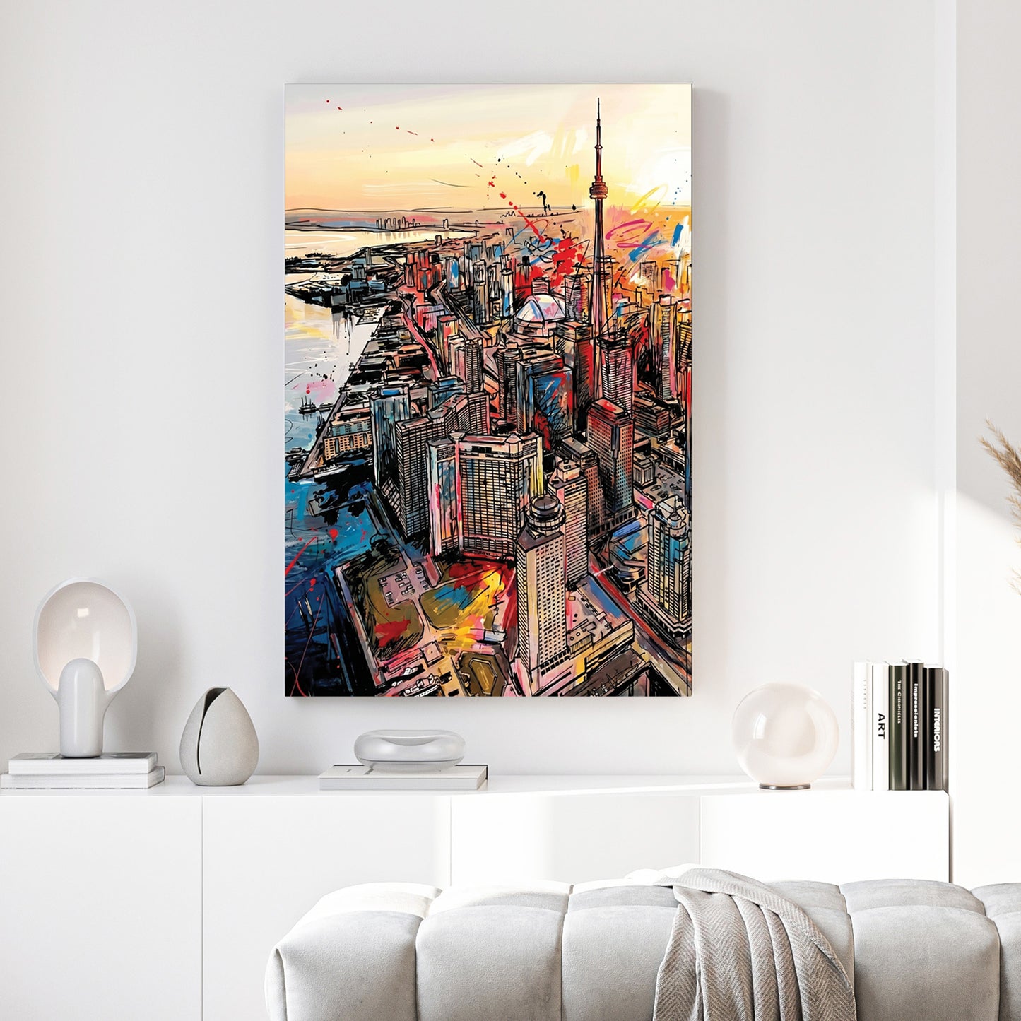 Toronto Skyline CN Tower Pop Art canvas wall art print above a sofa in a contemporary living room