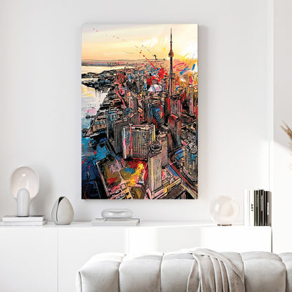 Toronto Skyline CN Tower Pop Art canvas wall art print above a sofa in a contemporary living room