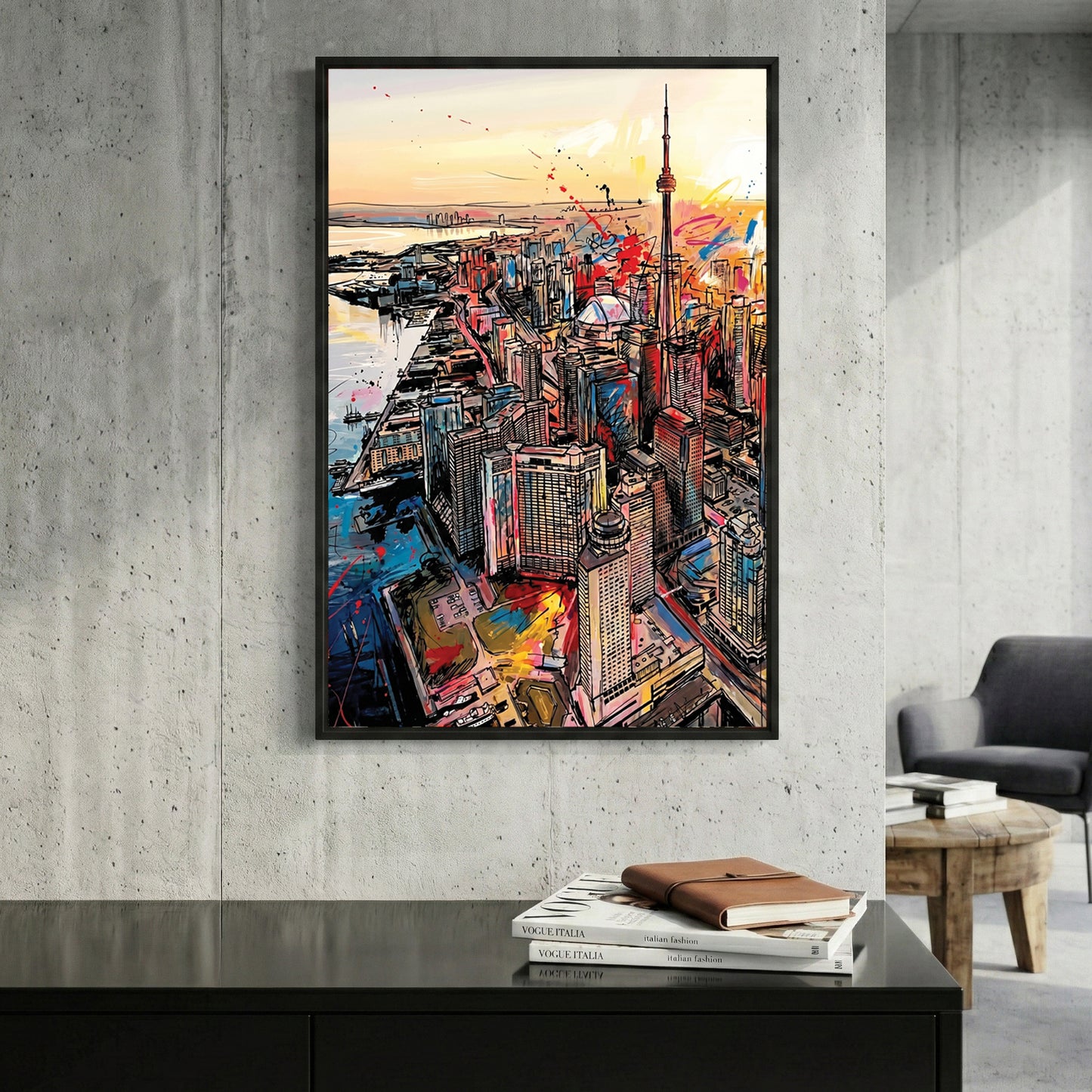Toronto Skyline CN Tower Pop Art framed canvas wall art print in a gallery-style display