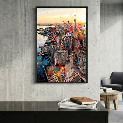Toronto Skyline CN Tower Pop Art framed canvas wall art print in a gallery-style display
