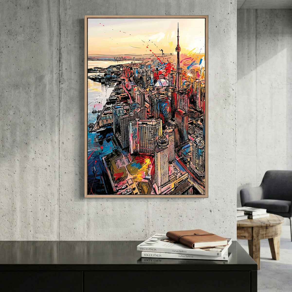 Toronto Skyline CN Tower Pop Art canvas wall art print displayed in a styled living room