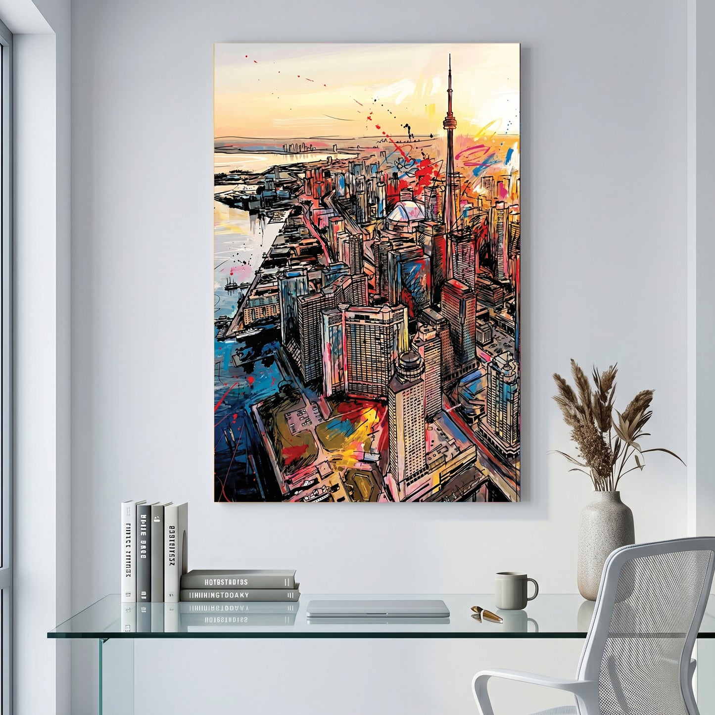 Toronto Skyline CN Tower Pop Art canvas wall art print displayed in a styled living room