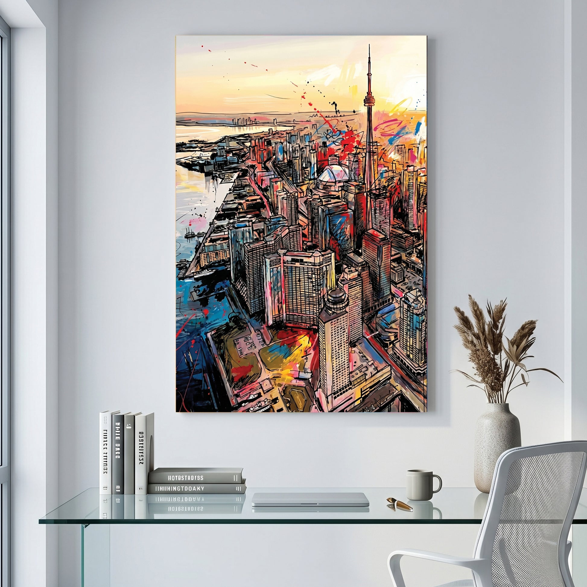 Toronto Skyline CN Tower Pop Art canvas wall art print displayed in a styled living room