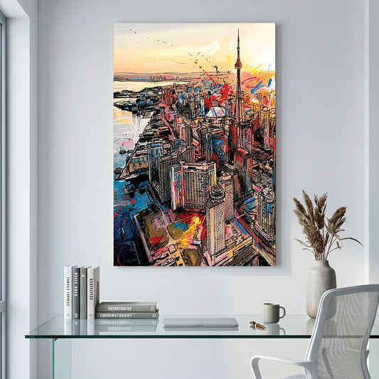 Toronto Skyline CN Tower Pop Art canvas wall art print displayed in a styled living room