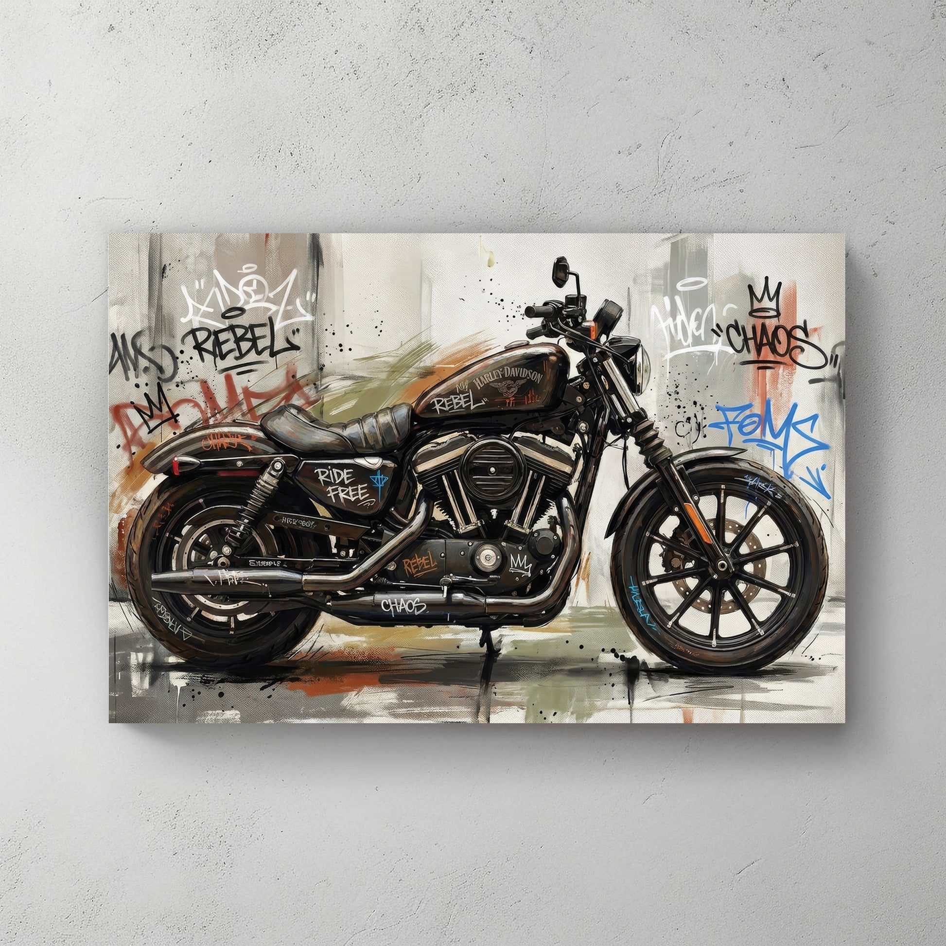 Harley-Davidson Iron 883 in side profile, heavy graffiti background in pink, blue, and orange tags — canvas wall art print