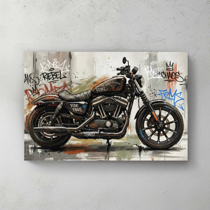 Harley-Davidson Iron 883 in side profile, heavy graffiti background in pink, blue, and orange tags — canvas wall art print