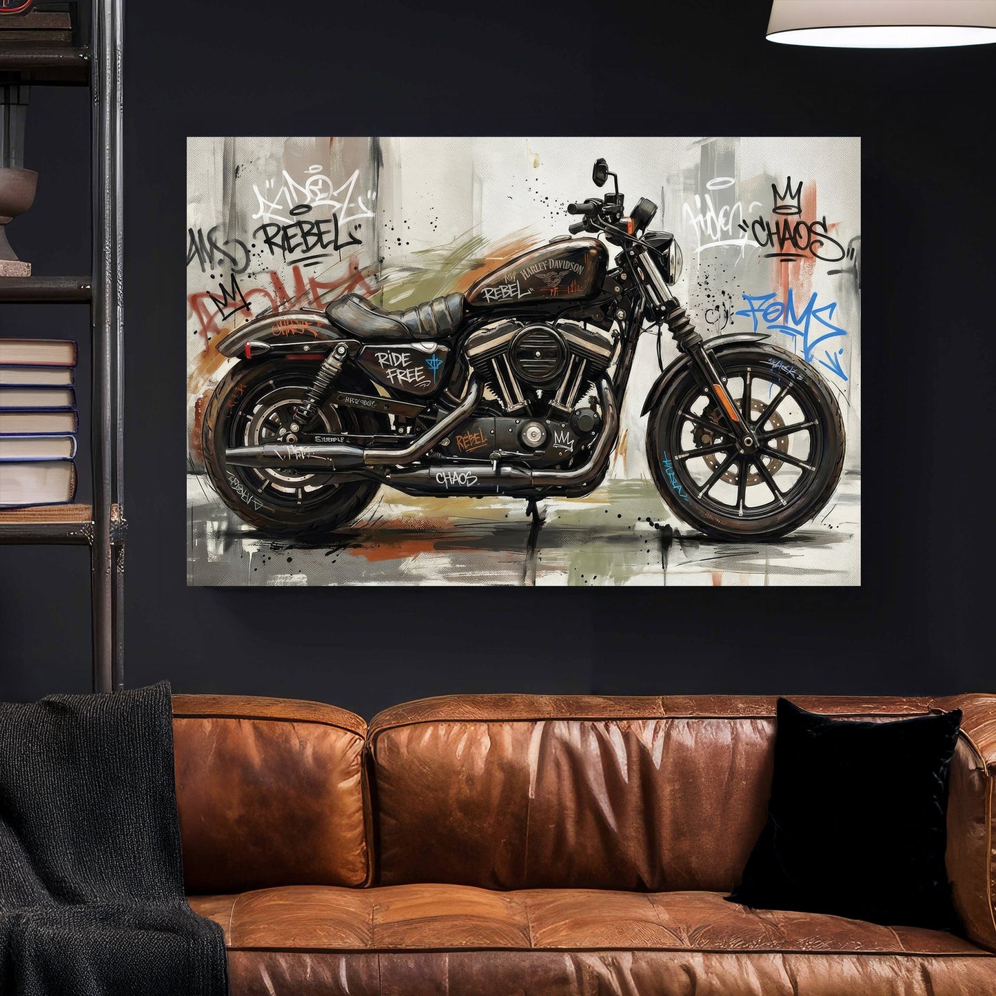Harley-Davidson Iron 883 Graffiti canvas wall art print styled in a modern interior