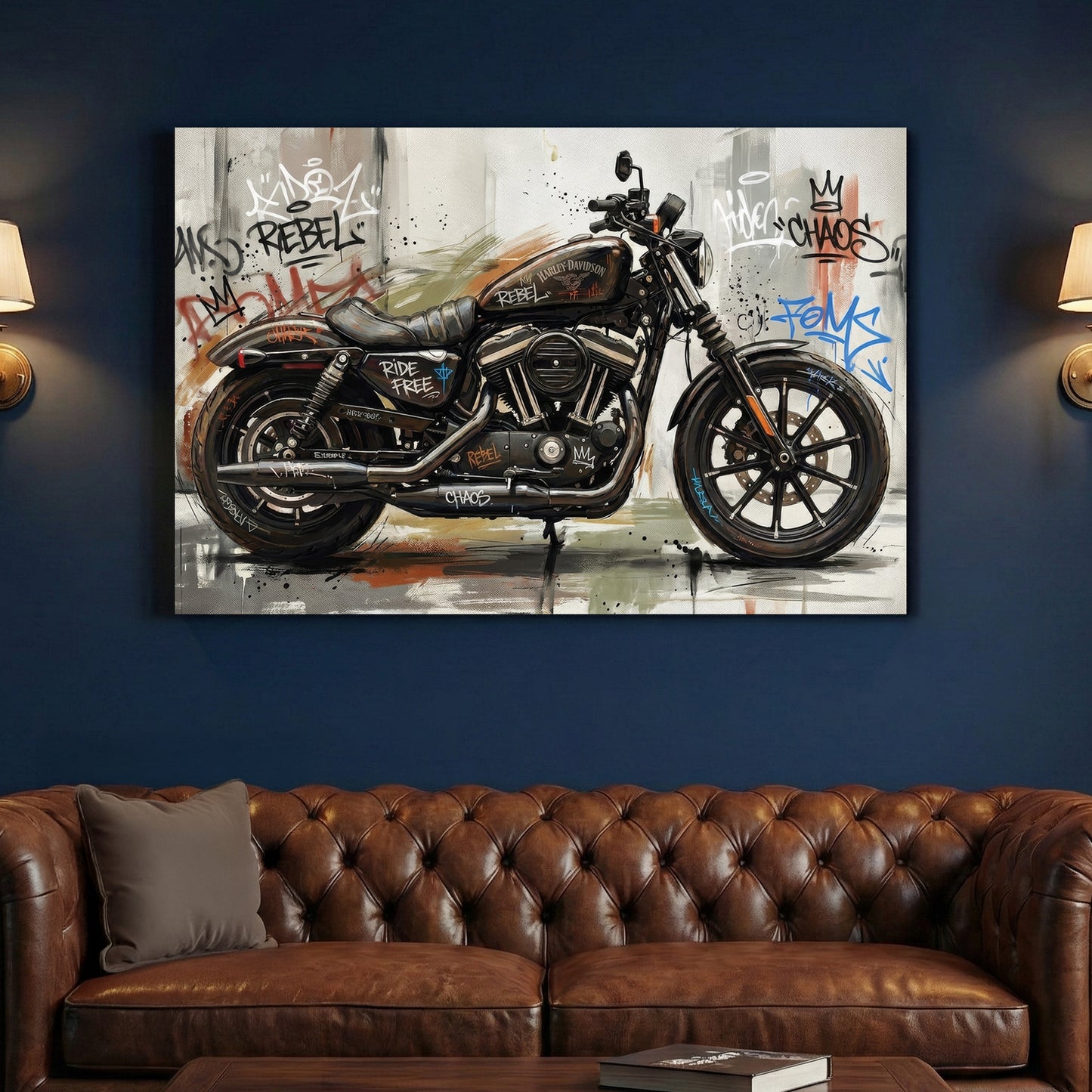 Harley-Davidson Iron 883 Graffiti canvas wall art print above a sofa in a contemporary living room
