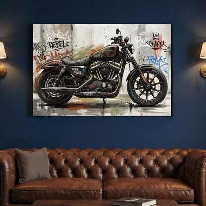Harley-Davidson Iron 883 Graffiti canvas wall art print above a sofa in a contemporary living room