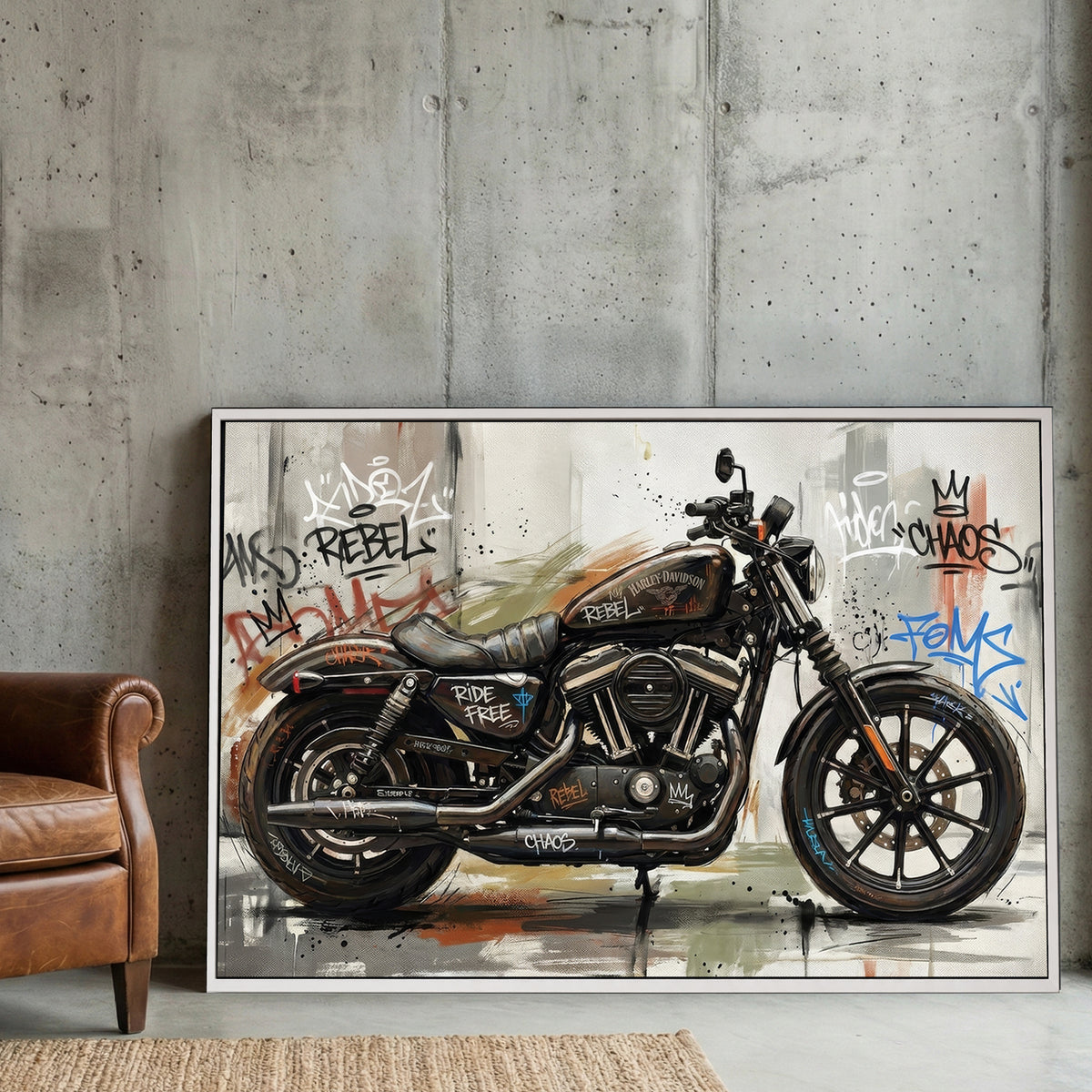 Harley-Davidson Iron 883 Graffiti canvas wall art print displayed in a styled living room