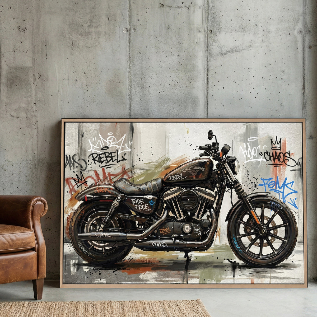 Harley-Davidson Iron 883 Graffiti canvas wall art print displayed in a styled living room