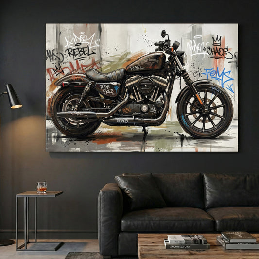 Harley-Davidson Iron 883 Graffiti canvas wall art print displayed in a styled living room