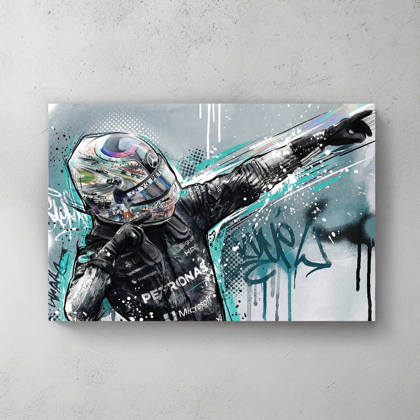 F1 driver in Mercedes Petronas suit doing arm-out celebration pose, teal splatter, graffiti tags — canvas wall art print