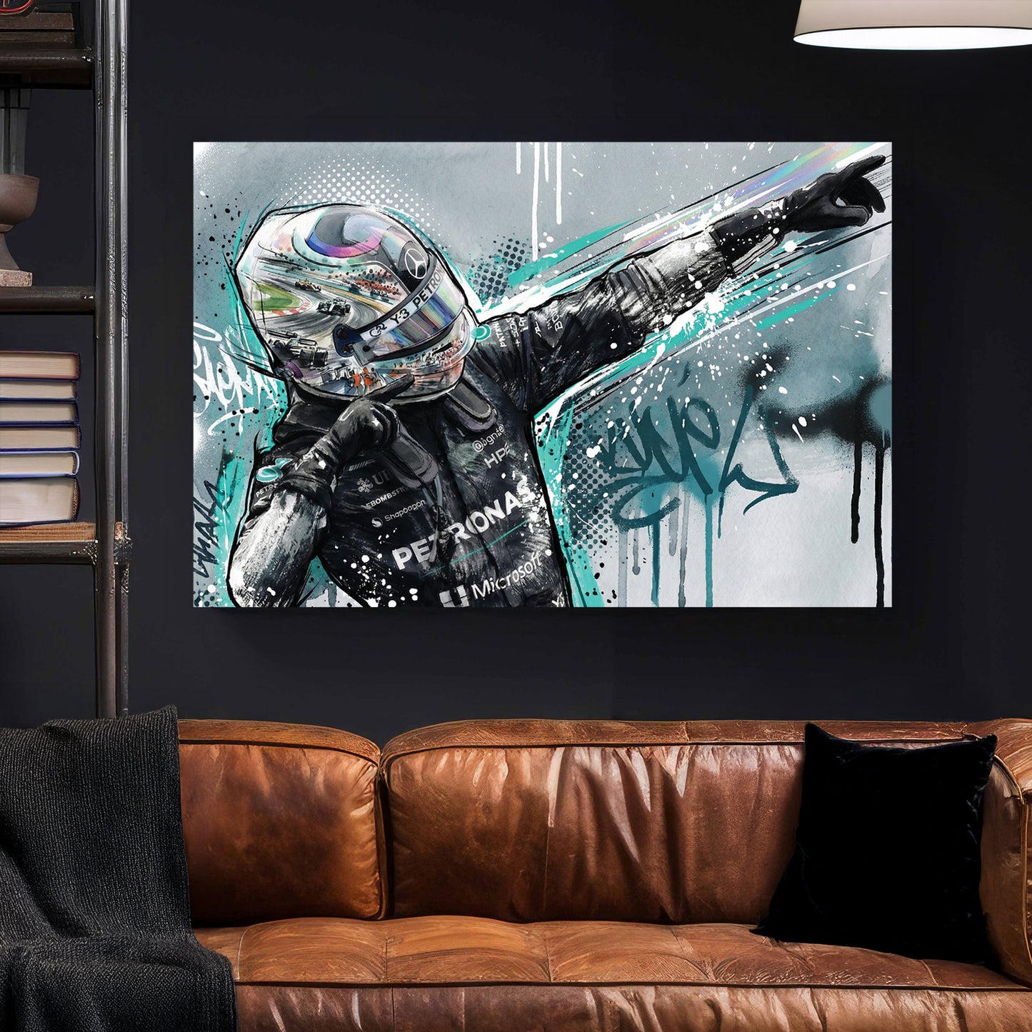 Kimi Antonelli F1 Helmet Celebration canvas wall art print styled in a modern interior