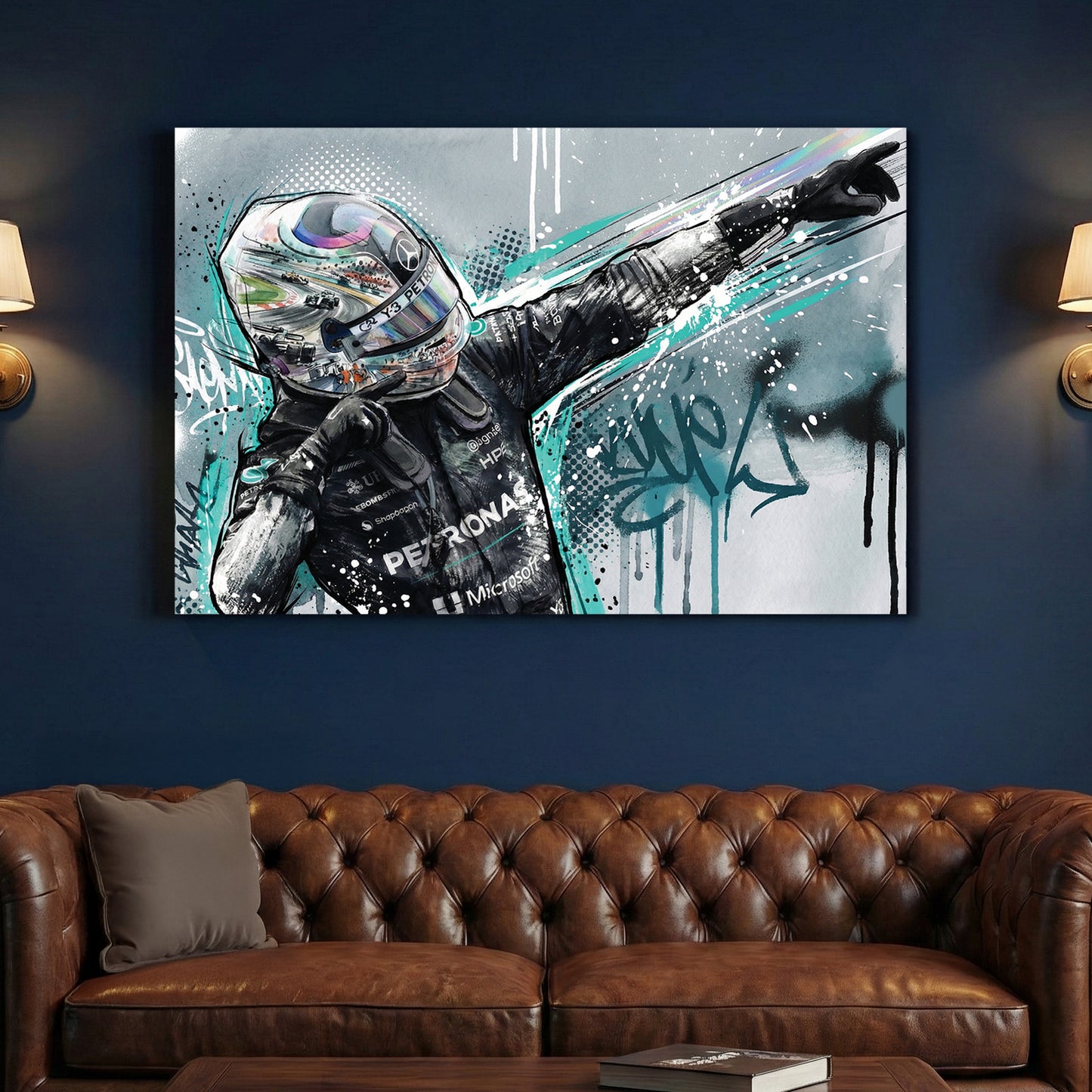 Kimi Antonelli F1 Helmet Celebration canvas wall art print above a sofa in a contemporary living room