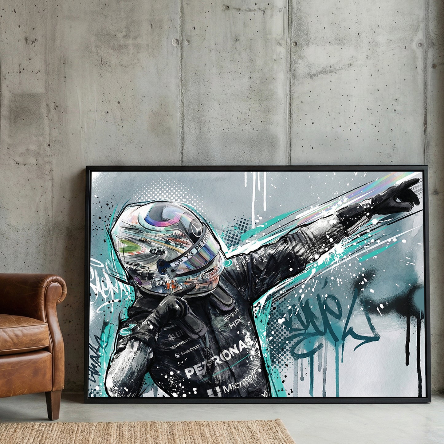 Kimi Antonelli F1 Helmet Celebration framed canvas wall art print in a gallery-style display