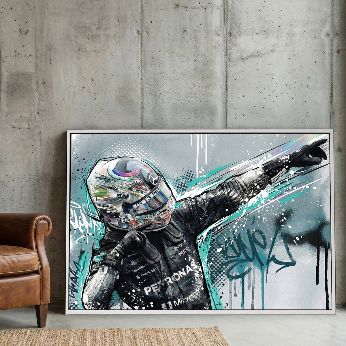 Kimi Antonelli F1 Helmet Celebration canvas wall art print displayed in a styled living room