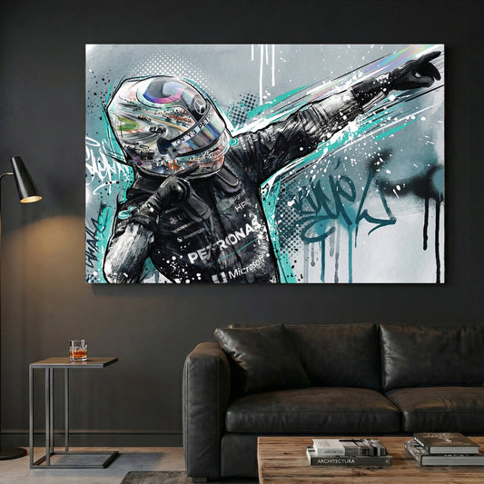 Kimi Antonelli F1 Helmet Celebration canvas wall art print displayed in a styled living room