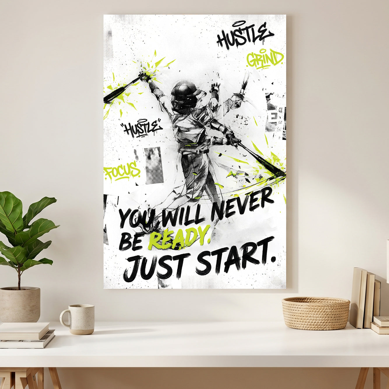 Baseball Player Motivational Quote canvas wall art print styled in a modern interior