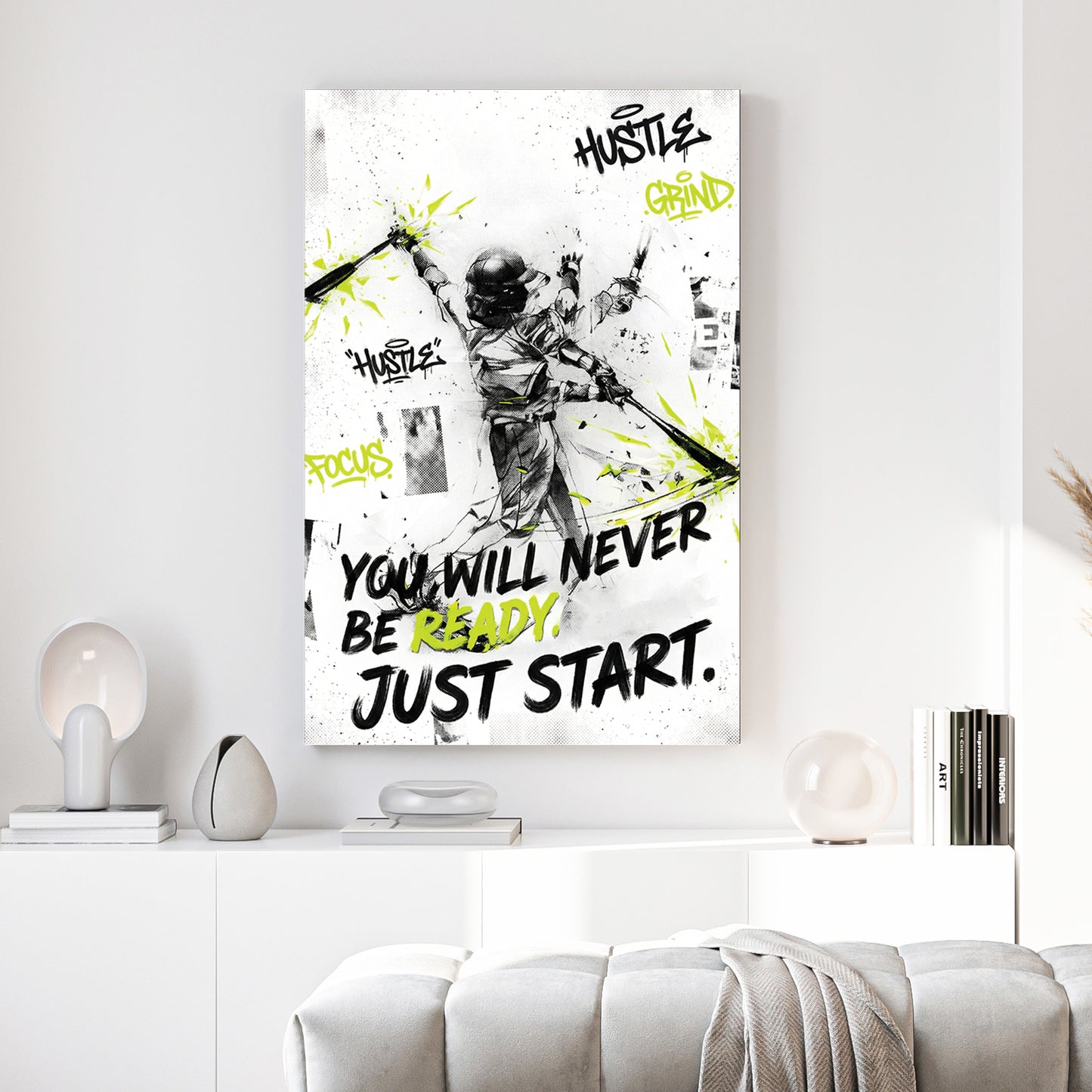 Baseball Player Motivational Quote canvas wall art print above a sofa in a contemporary living room