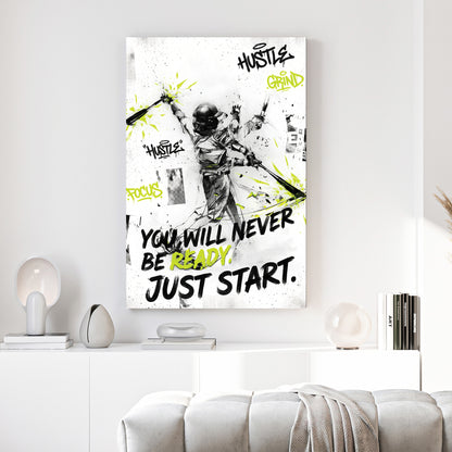Baseball Player Motivational Quote canvas wall art print above a sofa in a contemporary living room