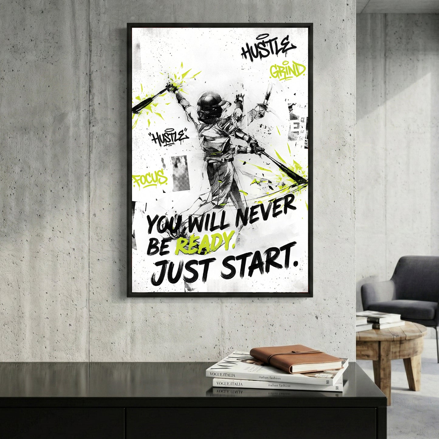 Baseball Player Motivational Quote framed canvas wall art print in a gallery-style display
