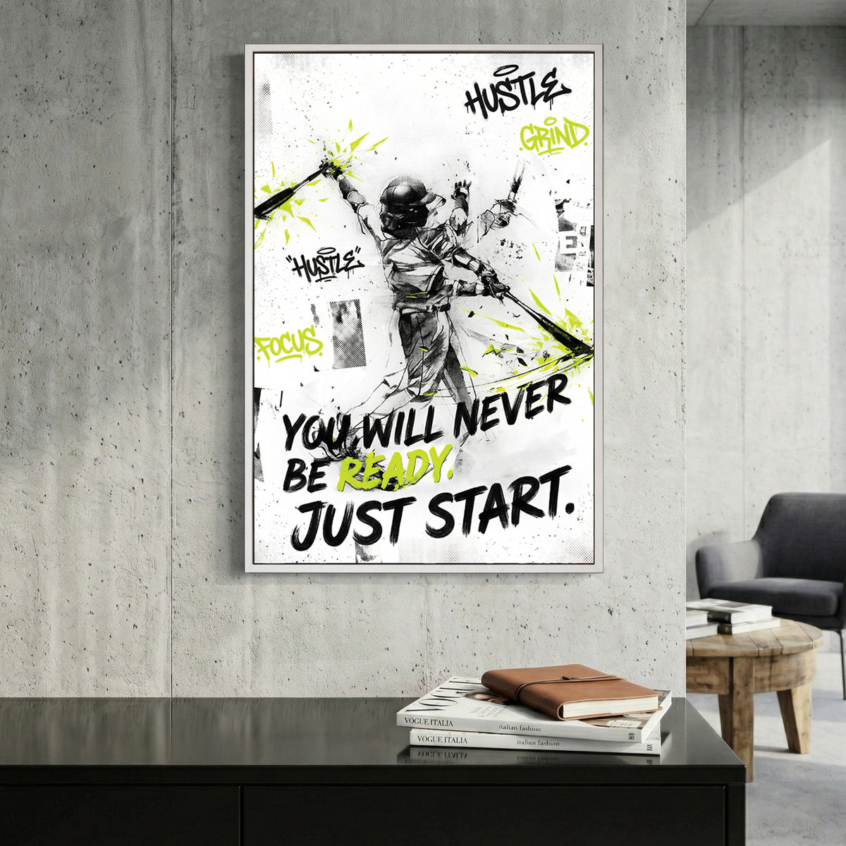 Baseball Player Motivational Quote canvas wall art print displayed in a styled living room