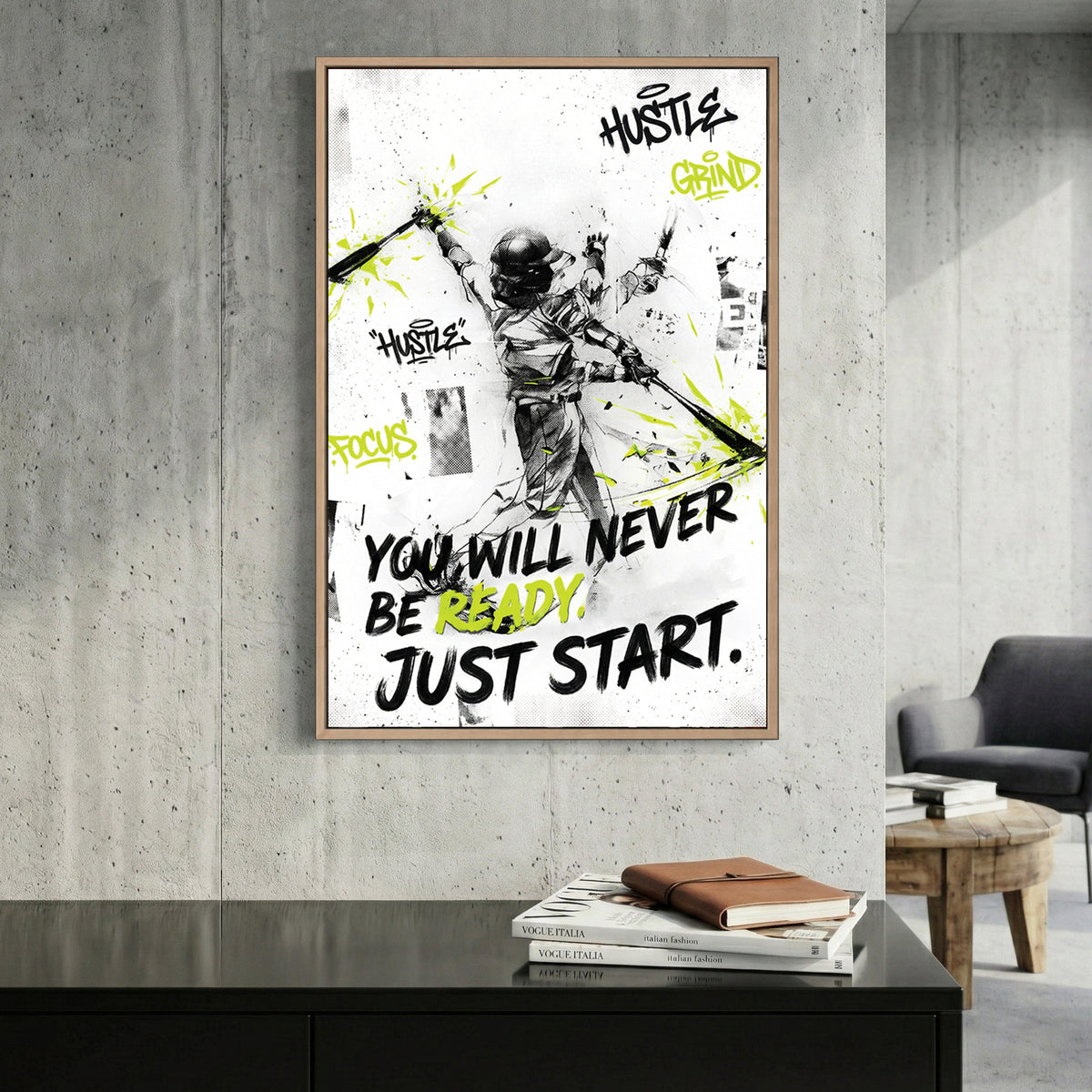Baseball Player Motivational Quote canvas wall art print displayed in a styled living room